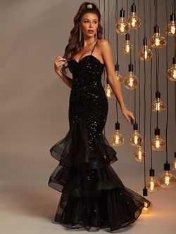 Style FSWD0174 Faeriesty Black Size 16 Plus Size Jersey Sequined Prom Tall Height Mermaid Dress on Queenly