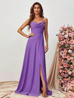 Style FSWD0913 Faeriesty Purple Size 12 Spaghetti Strap Satin A-line Plus Size Side slit Dress on Queenly