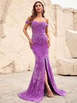 Style FSWD0012 Faeriesty Purple Size 0 Tall Height Polyester Floor Length Sequined Side slit Dress on Queenly