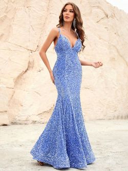 Style FSWD0620 Faeriesty Blue Size 0 Sequined Jersey Spaghetti Strap Mermaid Dress on Queenly