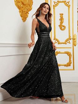 Style FSWD0776 Faeriesty Black Size 8 Tall Height Sequined Floor Length A-line Dress on Queenly