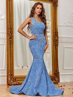 Style FSWD0588 Faeriesty Blue Size 0 One Shoulder Sequined Mermaid Dress on Queenly