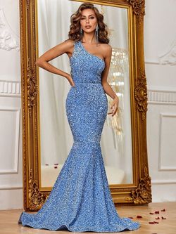 Style FSWD0588 Faeriesty Blue Size 0 One Shoulder Sequined Mermaid Dress on Queenly
