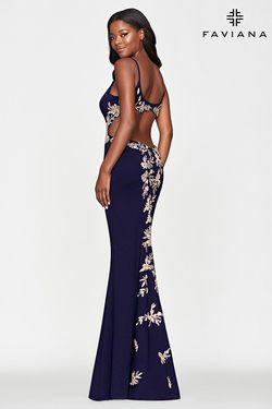 Style S10668 Faviana Blue Size 10 V Neck Tall Height Navy Floor Length Straight Dress on Queenly
