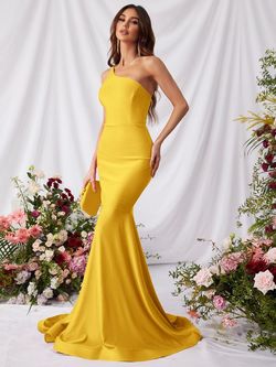 Style FSWD0773 Faeriesty Yellow Size 12 One Shoulder Jersey Mermaid Dress on Queenly