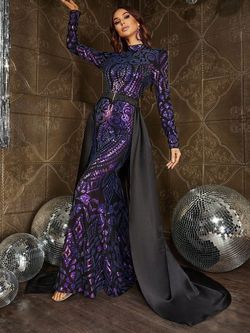 Style FSWD0825 Faeriesty Purple Size 4 Sequined Black Tie Straight Dress on Queenly