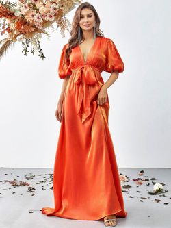 Style FSWD8056 Faeriesty Orange Size 8 Polyester Tall Height Plunge Tulle Straight Dress on Queenly