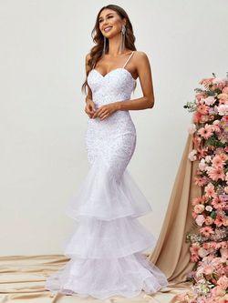 Style FSWD0174 Faeriesty White Size 8 Floor Length Tall Height Polyester Sequined Mermaid Dress on Queenly