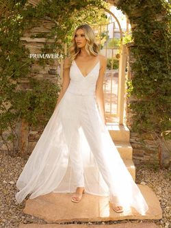 Style 3973 Primavera White Size 8 Tall Height Bachelorette Prom Jumpsuit Dress on Queenly