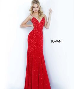 Style 63563 Jovani Red Size 8 Jersey Straight Dress on Queenly
