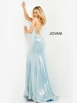 Style 06226 Jovani Blue Size 6 Shiny Tall Height Spaghetti Strap Floral Straight Dress on Queenly