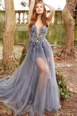 Style 55621 Jovani Gray Size 4 Spaghetti Strap Floor Length 55621 Side slit Dress on Queenly