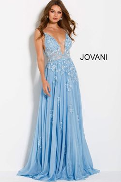 Style 58632 Jovani Blue Size 2 Floral Plunge 58632 Straight Dress on Queenly