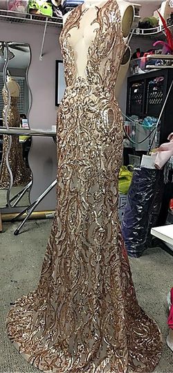 Style -1 Fernando Wong Gold Size 4 Plunge Floor Length Tall Height Train Dress on Queenly