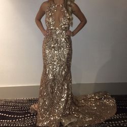 Style -1 Fernando Wong Gold Size 4 Plunge Floor Length Tall Height Train Dress on Queenly