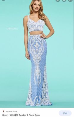 Style 53437 Sherri Hill Blue Size 4 Corset Pattern Floor Length A-line Dress on Queenly