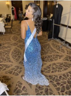 Style -1 Camille La Vie Blue Size 2 Pageant Black Tie Spaghetti Strap Plunge Prom Train Dress on Queenly