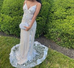 Style -1 Jovani Silver Size 4 Sequined Prom Plunge Mermaid Dress on Queenly