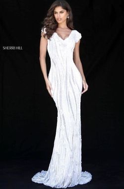 Style 51736 Sherri Hill White Size 6 Plunge Cap Sleeve Straight Dress on Queenly