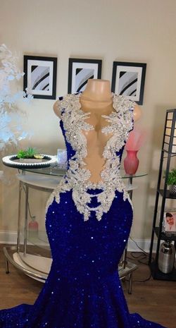 Style -1 Stitchercouture Blue Size 4 Sheer Pageant Embroidery Train Dress on Queenly