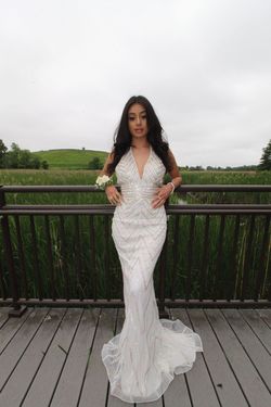 Style -1 Jovani White Size 2 Jewelled Plunge Mermaid Dress on Queenly