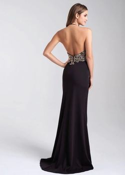 Style -1 Madison James Blue Size 6 Pageant Black Tie Spaghetti Strap Plunge Prom Straight Dress on Queenly