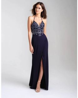 Style -1 Madison James Blue Size 6 Pageant Black Tie Spaghetti Strap Plunge Prom Straight Dress on Queenly