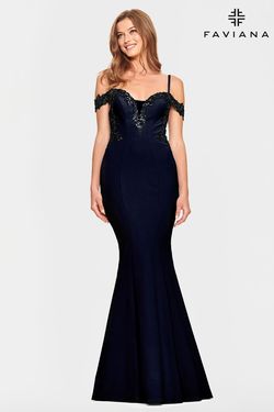 Style S10866 Faviana Blue Size 4 Navy Floor Length Military Tall Height Mermaid Dress on Queenly