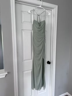 Azazie  Light Green Size 2 Prom Sorority Formal Spaghetti Strap Side slit Dress on Queenly