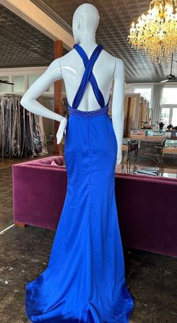 Style 25451 Mac Duggal Blue Size 4 25451 Satin Side slit Dress on Queenly