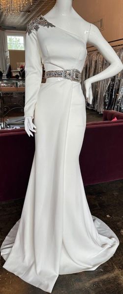 Style 8193 Rachel Allan White Size 4 Tall Height One Shoulder Mermaid Dress on Queenly