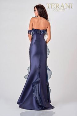 Style 2111E4743 Terani Couture Blue Size 4 Black Tie Tall Height Side slit Dress on Queenly