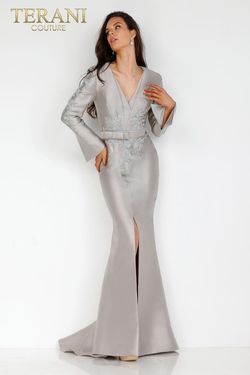 Style 231M0357 Terani Couture Gray Size 12 Tall Height Plus Size Floor Length Pageant Side slit Dress on Queenly