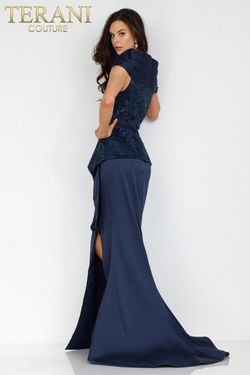 Style 231M0333 Terani Couture Blue Size 12 Navy Side slit Dress on Queenly