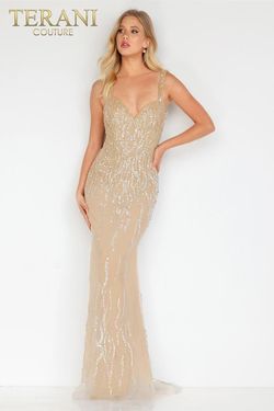 Style 231P0589 Terani Couture Nude Size 14 Floor Length Prom Side slit Dress on Queenly