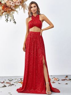 Style FSWU9002 Faeriesty Red Size 8 Floor Length Sequined Two Piece Polyester Straight Dress on Queenly