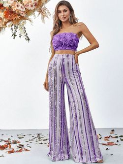 Style FSWU8074 Faeriesty Purple Size 8 Sequined Jersey Jumpsuit Dress on Queenly