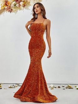 Style FSWD0586 Faeriesty Orange Size 8 Spaghetti Strap Military Sequined Mermaid Dress on Queenly