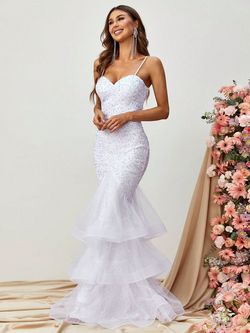 Style FSWD0174 Faeriesty White Size 12 Polyester Sequined Spaghetti Strap Jersey Backless Mermaid Dress on Queenly