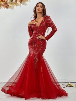 Style FSWD1157 Faeriesty Red Size 0 Tall Height Sheer Fswd1157 Polyester Sequined Mermaid Dress on Queenly