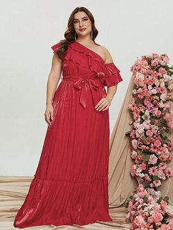 Style FSWD0858P Faeriesty Red Size 20 One Shoulder Jersey Polyester Plus Size A-line Dress on Queenly
