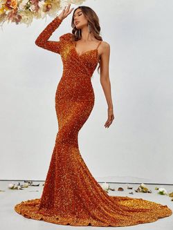 Style FSWD8016 Faeriesty Orange Size 4 Sequined Long Sleeve Mermaid Dress on Queenly