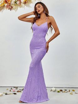 Style FSWD1255 Faeriesty Purple Size 4 Polyester Sequined Spaghetti Strap Corset Jersey Mermaid Dress on Queenly