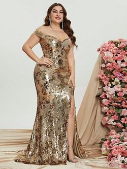 Style FSWD0153P Faeriesty Gold Size 20 Mermaid Black Tie Sequined Plus Size Side slit Dress on Queenly