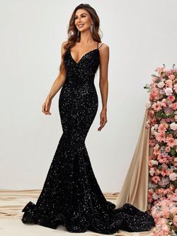 Style FSWD0594 Faeriesty Black Size 0 Fswd0594 Jersey Sequined Spaghetti Strap Mermaid Dress on Queenly