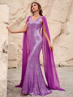 Style FSWD1320 Faeriesty Purple Size 8 Jersey Cape Sequined Fswd1320 Mermaid Dress on Queenly