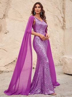 Style FSWD1320 Faeriesty Purple Size 16 Jersey Cape Mermaid Dress on Queenly