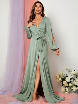 Style FSWD0787 Faeriesty Green Size 0 Long Sleeve Polyester A-line Side slit Dress on Queenly
