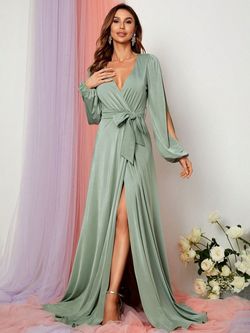 Style FSWD0787 Faeriesty Green Size 8 Long Sleeve Floor Length Polyester Side slit Dress on Queenly