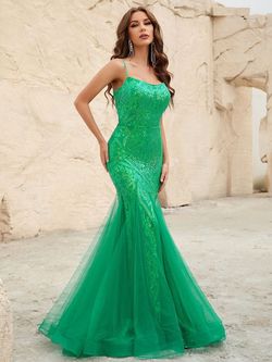 Style FSWD1203 Faeriesty Green Size 0 Spaghetti Strap Polyester Tall Height Mermaid Dress on Queenly